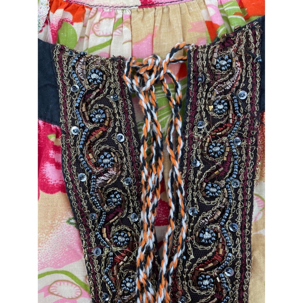 Pixie‎ Floral Dress Womens Medium Orange Pink Beaded Cotton Boho Artsy Tropical - Picture 4 of 9